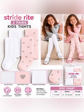 STRIDE RITE GIRLS 2-PIECE TIGHTS WHITE/PINK 7-10 YEARS (NEW WITH TAGS) A36